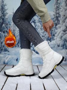 Women's Snow Boots, 2025 Autumn/Winter New Arrival Ladies High-Top Mid-Calf Lace-Up Comfortable Thick-Soled Non-Slip Durable Solid Color Black Ankle Boots, Fashionable Outdoor Hiking Trekking Warm Insulated Youth Female Leather Boots With Faux Fur Lining, Waterproof, Comfortable, Warm, Cold-Resistant