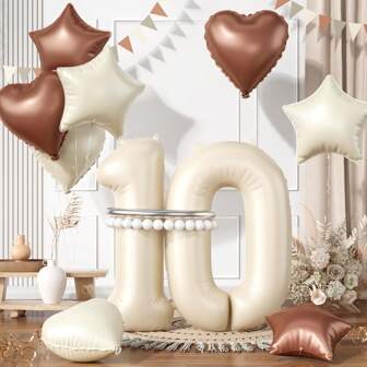 Cream Color Number Foil Balloon Set, Star & Heart Shaped Balloons With Long Balloons, Suitable For Birthday Party, Shower Decoration