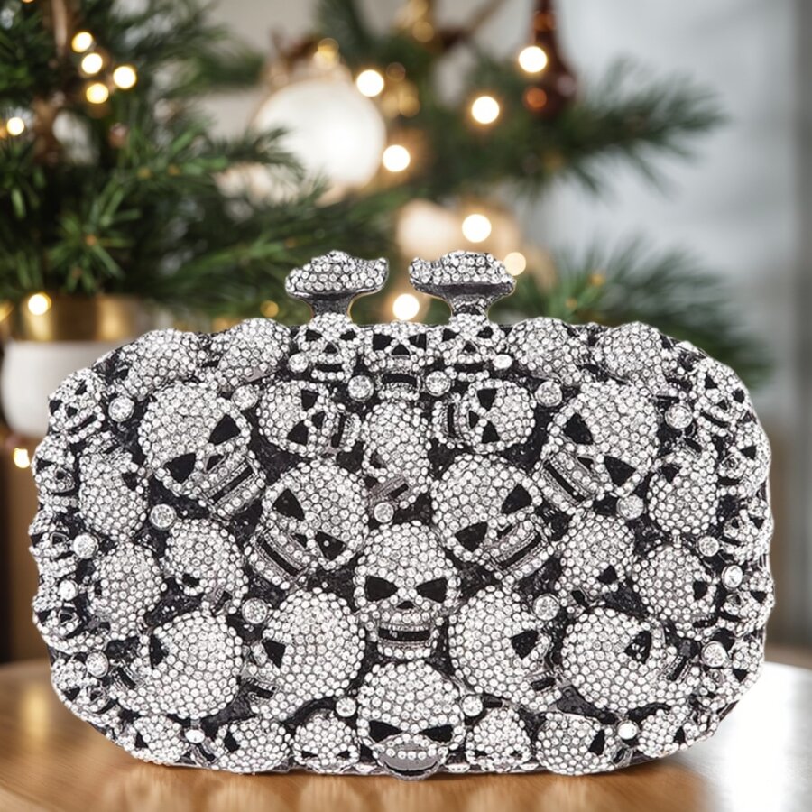 Cartera de mano con calaveras brillantes y diamantes de imitación para mujer, bolsos de noche con cristales, carteras de noche con diamantes para fiesta de graduación - Plateado - Ver 1