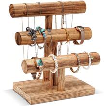 Vintage Style Jewelry Display Stand, Wooden T-Bar Necklace & Bracelet Holder, Suitable For Displaying, Selling, And Storing Bracelets, Rings, Earrings, Great For Sunny Travel, Back To School Season And More - Brown - View 11