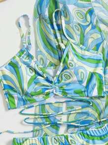 3-Pieces Geometric Print Bikini Sets, V Neck Boxer Short Bottom With Cover Shirt Long Sleeves Swimsuit, Women's Swimwear & Clothing Valentine's Day - 藍色 - 查看 2