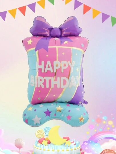 1pc Oversized Standing Bottom Gift Box Balloon With Bow And Star Design, Black & Gold Birthday Box Balloon For Birthday Party Decor