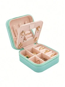 1/4pcs PU Leather Jewelry Box, Women Gifts, Mini Jewelry Organizer With Mirror, Necklace And Earring Display Holder, Pink Travel Essentials