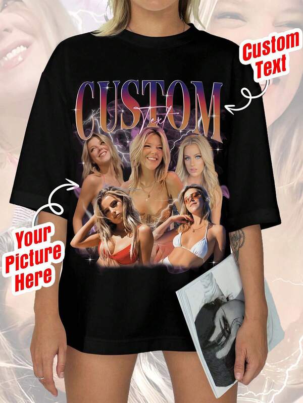 Customized Photo T-Shirt, Personalized T-Shirt, Customized 90s Retro Hip Hop T-Shirt, Gift For Girlfriend/Wife, Valentine's Day Gift, Pet Customization, Add Your Own Text And Images (Family Photo/Selfie/Pet Photo/Friend Photo/Party Photo) To Design Your Own Personalized Printed T-Shirt, Anniversary Gift, Valentine's Day, Christmas,Chic Autumn, Utilitarian Chic, Fall New Style Women, Graphic Print