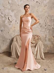Pink Satin Sleeveless Ruched Tie-Up Fitted Split Front Elegant Bridesmaid Dress, Valentine's Day Dress