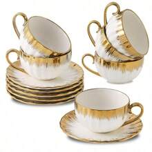 Luxury Style Coffee Cup & Saucer Set, 6/12pcs Vintage Coffee Cup & 6/12pcs Saucer Set, Tea Cup & Saucer Set, Coffee Mug & Saucer Set For Home Office Use, Household Drinkware Set, Kitchen Products - 白色*2套 - 查看 10