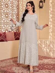 2026新款斋月传统优雅白色刺绣阿拉伯长袖3D立体花卉长袍 - 杏色 - 查看 6