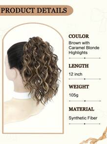 Curly Hair Ponytail Extension 12 Inch Claw Drawstring Ponytail Wig Pieces Brown With Caramel Blonde Highlights High Pony Tails Hair Extensions Synthetic Friendly Fiber For Women