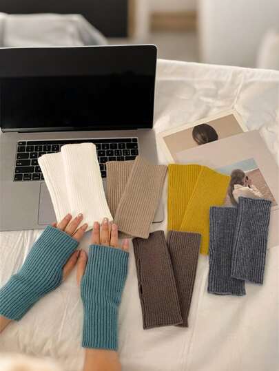 1 Coppia di Guanti mezze dita da donna, carini guanti senza dita a righe stile coreano, lavorati a maglia, adatti per scrivere/digitare, per l'inverno