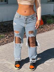 Women's Fashion Streetwear Ripped Mid-Rise Straight-Leg Jeans With Pockets - Rửa trung bình - Xem 1