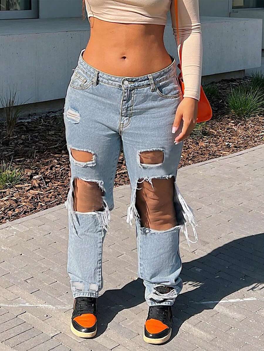 Women's Fashion Streetwear Ripped Mid-Rise Straight-Leg Jeans With Pockets - Rửa trung bình - Xem 1