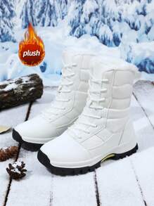 Women's Snow Boots, 2025 Autumn/Winter New Arrival Ladies High-Top Mid-Calf Lace-Up Comfortable Thick-Soled Non-Slip Durable Solid Color Black Ankle Boots, Fashionable Outdoor Hiking Trekking Warm Insulated Youth Female Leather Boots With Faux Fur Lining, Waterproof, Comfortable, Warm, Cold-Resistant