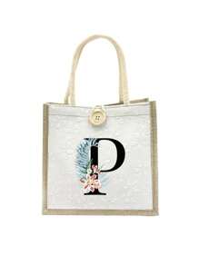 Daisy Flowers Initials Pattern Handbag,Letters A-Z Printed Linen Handbag,Small Floral Linen Button Decorative Handbag - White - View 15