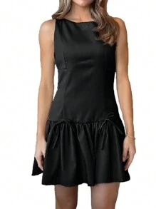 Womens Sleeveless Pleated Dress Girdling A Line Solid Color Pullover Round Neck Bow Zipper Back Mini Dress - Black - View 2