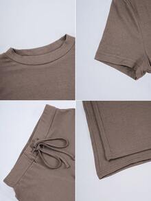 Conjunto de dos piezas de ropa deportiva casual de estilo Y2K para mujer, de unicolor, con camiseta de manga corta y cuello redondo, y pantalones rectos de pierna estrecha para el otoño