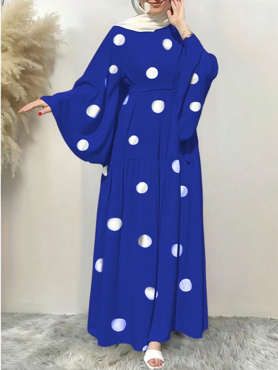 Women's Elegant Solid Color Bell Sleeve Dress, Spring/Summer,Modest - Blue and White - View 1