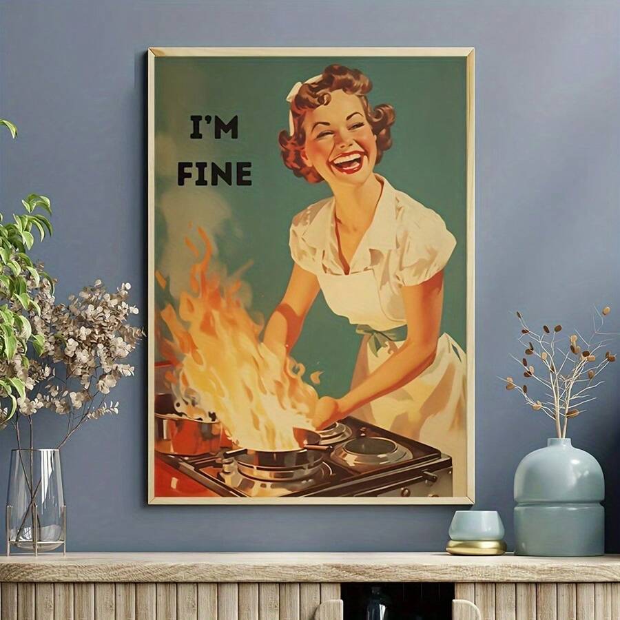 Cuadro decorativo opcional para la cocina - Póster de lienzo vintage de los años 50 con ama de casa cocinando, decoración para el hogar y la oficina, perfecto para la decoración de habitaciones, arte de pared con marco - Multicolor - Ver 1