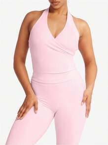 Women Workout Tank Tops Vest Sleeveless Backless Solid Colour Slim Fit Summer Halter Neck Crop Tops For Yoga Running Fitness - Pink - View 4
