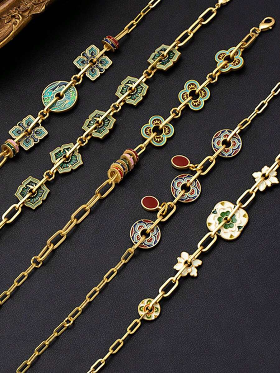 1 chiếc vòng tay thiết kế hoa phong cách Trung Hoa cổ điển mới, độc đáo, thời trang, đa năng, phù hợp để đeo thường ngày, ngày lễ - Vàng - Xem 1