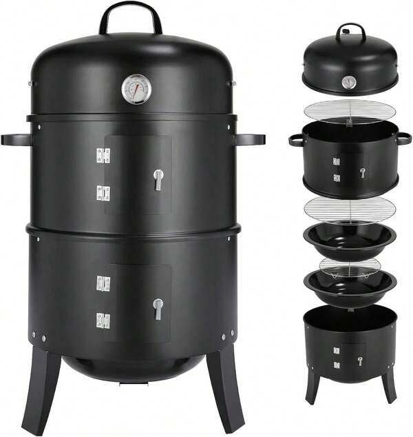 16 inch 3 in 1 Räuchergrill Smoker, Räuchern Räucherofen, Smoker Grill mit Deckel & Thermometer, 2 Grillrost Edelstahl, 2 Wasserschale Emaille, Räuchertonne