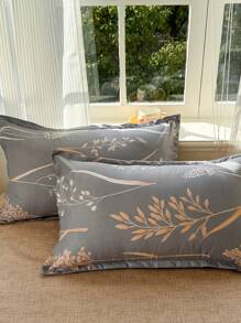 4件套灰棕色植物叶印花床上用品（1件被套、2件枕套、1件床单），优雅田园风，亲肤舒适，适合单人/双人床，四季皆宜