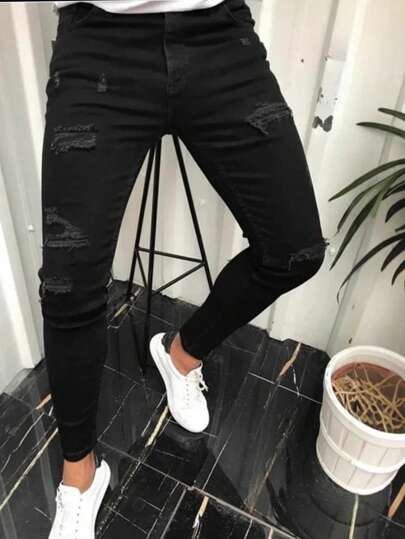 American Style Plus Size Distressed Jeans för stora och långa män, fashionabla Loose Fit jeansbyxor