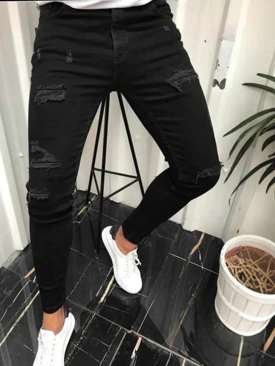 American Style Plus Size Distressed Jeans For Big And Tall Men, Fashionable Loose Fit Jeans Pants - Black - View 1