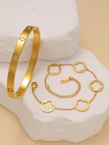 Fashionable Stainless Steel Four-Leaf Clover Women Bracelet, Floral Design Suitable For Daily Wear And Gift