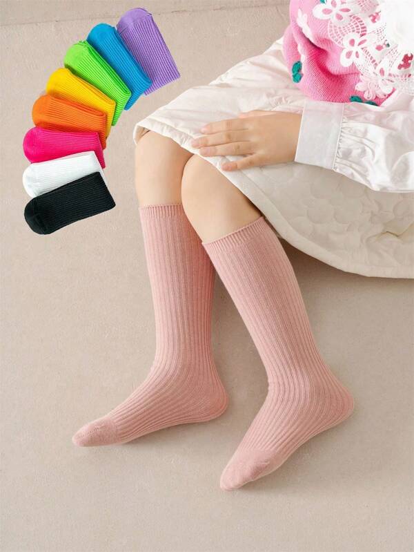 1 Pair Girls Solid Color Mid-Calf Knee High Socks, Comfortable Breathable Odor Resistant, Fashionable & Versatile, Suitable For All Seasons