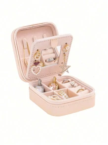 1/4pcs PU Leather Jewelry Box, Women Gifts, Mini Jewelry Organizer With Mirror, Necklace And Earring Display Holder, Pink Travel Essentials