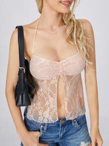 Women Crop Vest Tops, Solid Color Off Shoulder See Through Lace Split Party Casual Spring Summer Tops - Baby Pink - View 5
