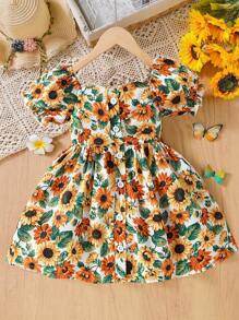 Girl Floral Bubble Sleeve Dress, Casual Dress For Indoor Outdoor Play For Summer,Young Girl Clothes Girls