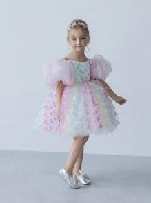 Young Girl Elegant Puff Sleeve Dress, Multi-Color Bow Tulle Princess Dress, Suitable For Girls' Birthday Party, Wedding, Bridesmaid, Holiday Occasions - Multicolor - View 7