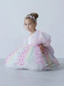 Young Girl Elegant Puff Sleeve Dress, Multi-Color Bow Tulle Princess Dress, Suitable For Girls' Birthday Party, Wedding, Bridesmaid, Holiday Occasions - Multicolor - View 6