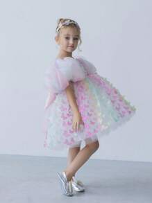 Young Girl Elegant Puff Sleeve Dress, Multi-Color Bow Tulle Princess Dress, Suitable For Girls' Birthday Party, Wedding, Bridesmaid, Holiday Occasions - Multicolor - View 5