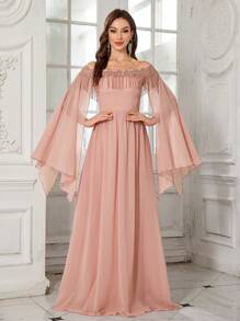 SUPGIR Women's Off Shoulder Dress, Long Sleeve Heavy Rhinestone & Embroidery Tassel Decoration Evening Gown, Party Dress, Wedding Guest Dress, Formal Dress - Pink - View 1