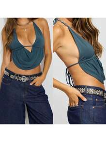 Women's Summer Halter Neck Vest Sleeveless Deep V Neck Solid Color Crop Tank Tops - Blue - View 2