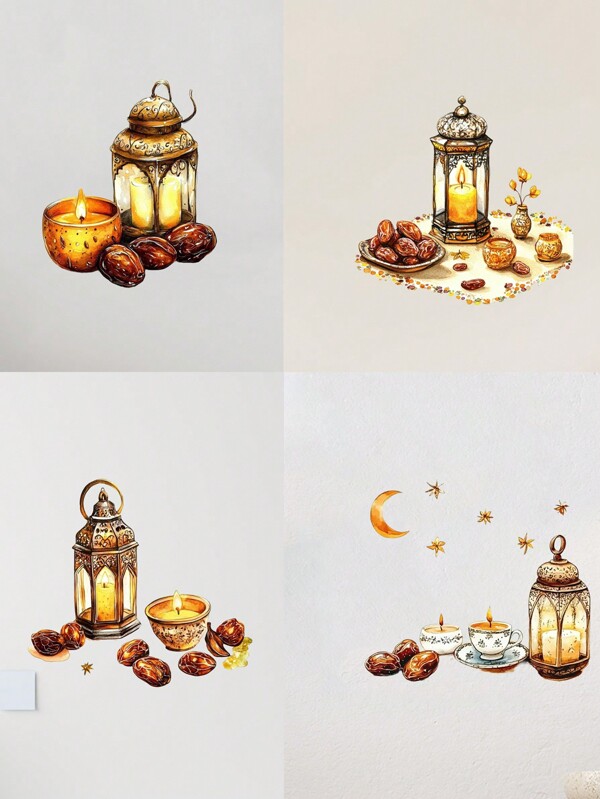 1 pièce Sticker mural islamique Ramadan Karim, avec éléments de stickers de jujube, de lanterne et de tasse à thé. Convient pour la décoration de la chambre, la décoration murale, la décoration de l'ambiance du festival, la décoration de la fenêtre, la décoration de la maison. Matériau PVC imperméable, amovible.