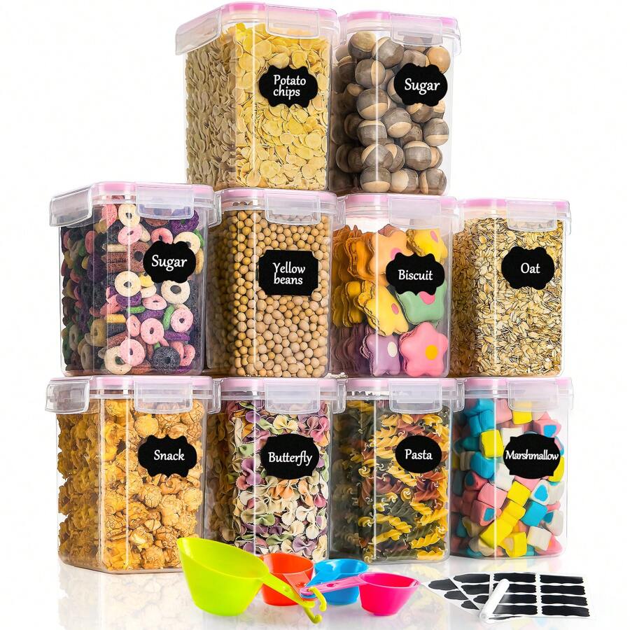 Storage Containers Set, 1.6L*10 Pieces Storage Box Kitchen Organizer, Airtight Plastic Food Storage Container With Lid, Storage Container For Storing Cereal Flour Coffee Beans Cornflakes Spaghetti (Pink) - Rosa - Visa 1