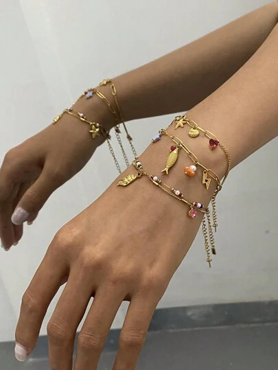 Uworld 1Pc Of Fashionable And Personalized Women's Stainless Steel Chain Bracelet Starfish Shell Conch Heart Natural Stone Personalized Pendant Bracelet Suitable For Daily Wear Vacation Seaside Or As A Gift