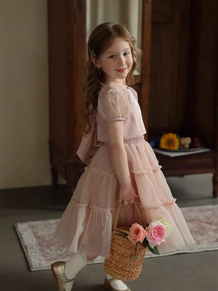 2 件套夏季女童独特风格白色罩衫和泡泡裙套装幼儿荷叶边网眼拼布上衣 + 芭蕾舞裙 - 淺粉色 - 查看 4