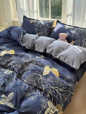 4点セット ベッディング (1枚掛け布団カバー、2枚枕カバー、1枚ベッドシーツ) ネイビーブルー&ゴールドの蝶柄、モダンでエレガントなスタイル、柔らかく快適、ツイン/フル/クイーンサイズベッド対応、オールシーズン使用可能