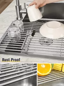1 pièce Égouttoir extensible en acier inoxydable à placer sur l'évier, couleur noire et grise avec des bras réglables. Organisateur de cuisine/salle de bain fonctionnel pour plats, ustensiles de cuisine, légumes et fruits. Cadeau de Nouvel An et de Noël