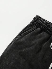 Shwiy Men's Washed Vintage Effect Casual Black Knee-Length Shorts, Simple Cross Print Pattern, Suitable For Spring/Summer Daily Wear And Street Style - Black - View 4