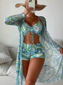 3-Pieces Geometric Print Bikini Sets, V Neck Boxer Short Bottom With Cover Shirt Long Sleeves Swimsuit, Women's Swimwear & Clothing Valentine's Day - 藍色 - 查看 1