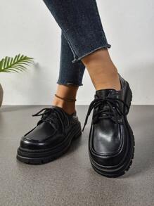British Style Chunky Sole Leather Women Loafers, Versatile Round Toe Casual Shoes For Spring/Autumn