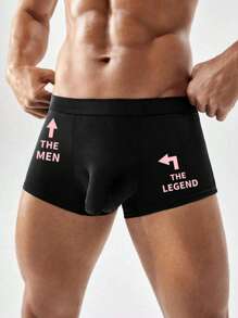 Men's Black Boxer Briefs With Arrow & Letter Print, Elastic Comfortable Underwear