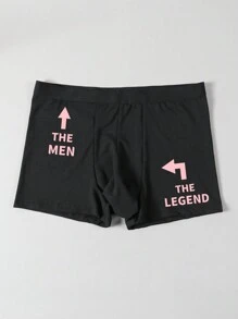Men's Black Boxer Briefs With Arrow & Letter Print, Elastic Comfortable Underwear