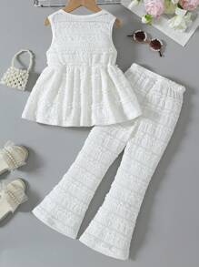 2 件女童休闲荷叶边无袖上衣 + 配套荷叶边喇叭裤套装