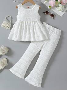 2 件女童休闲荷叶边无袖上衣 + 配套荷叶边喇叭裤套装